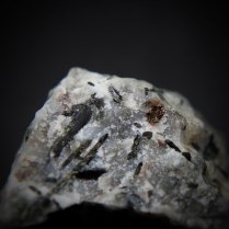 Brown, lustrous crystal of britholite-(Ce) Ca2(Ce,Ca)3(SiO4,PO4)3(OH,F) with small, beige zircon crystals ZrSiO4 and black, elongated pyroxene var. aegirine NaFeSi2O6 in marioupolite; Donskoy quarry, Mazurovskoe Zr deposit, Oktyabr'skii Massif (Mariupol'skii), Azov Sea Region, Donetsk (Donets'k) Oblast', Ukraine; britholite crystal 3 mm long