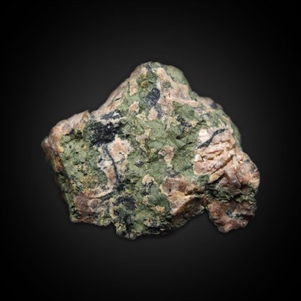 Aegerine rich albite-microcline rock [rock containing pink microcline K(AlSi3O8), green pyroxene – aegirine NaFeSi2O6 and white albite Na(AlSi3O8)] enriched in Mo mineralization; Dmitrievskii quarry, Oktyabr'skii Massif (Mariupol'skii), Azov Sea Region, Donetsk (Donets'k) Oblast', Ukraine; 40 x 35 x 15 mm